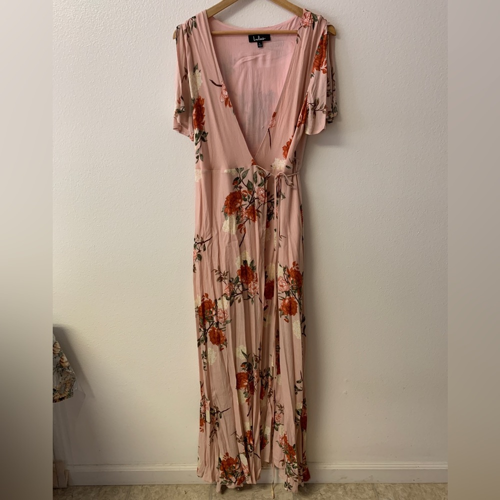 Lulu’s pink floral wrap maxi dress